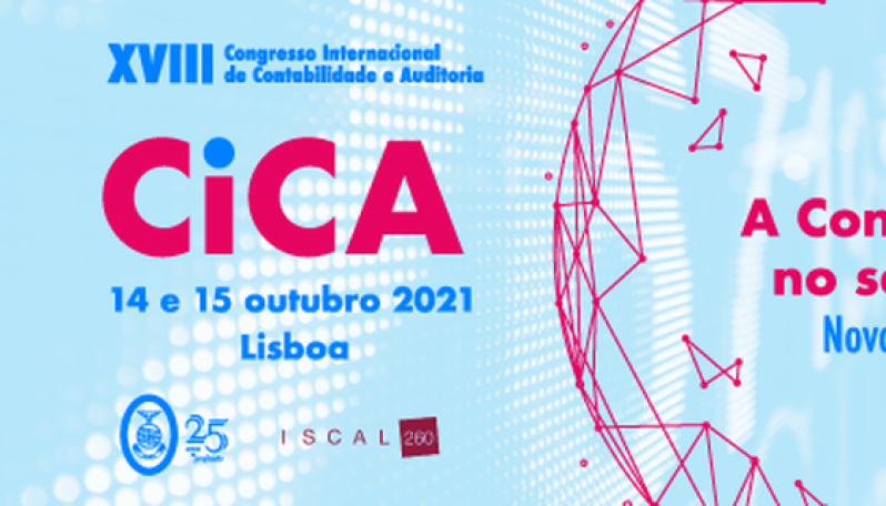 Imagem com fundo azul claro e com elementos decorativos a rosa vivo com o texto: XVIII Congresso Internacional de Contabilidade e Auditoria (CICA)