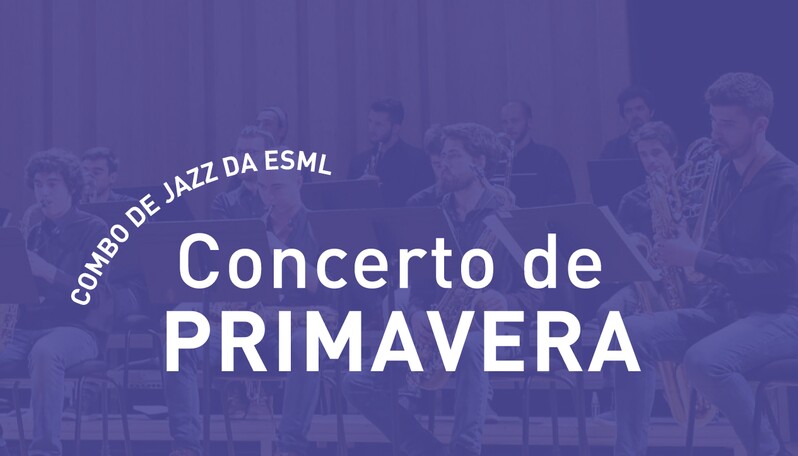 fotografia de músicos a tocar saxofone com filtro roxo e com o texto "Concerto de Primavera" a branco